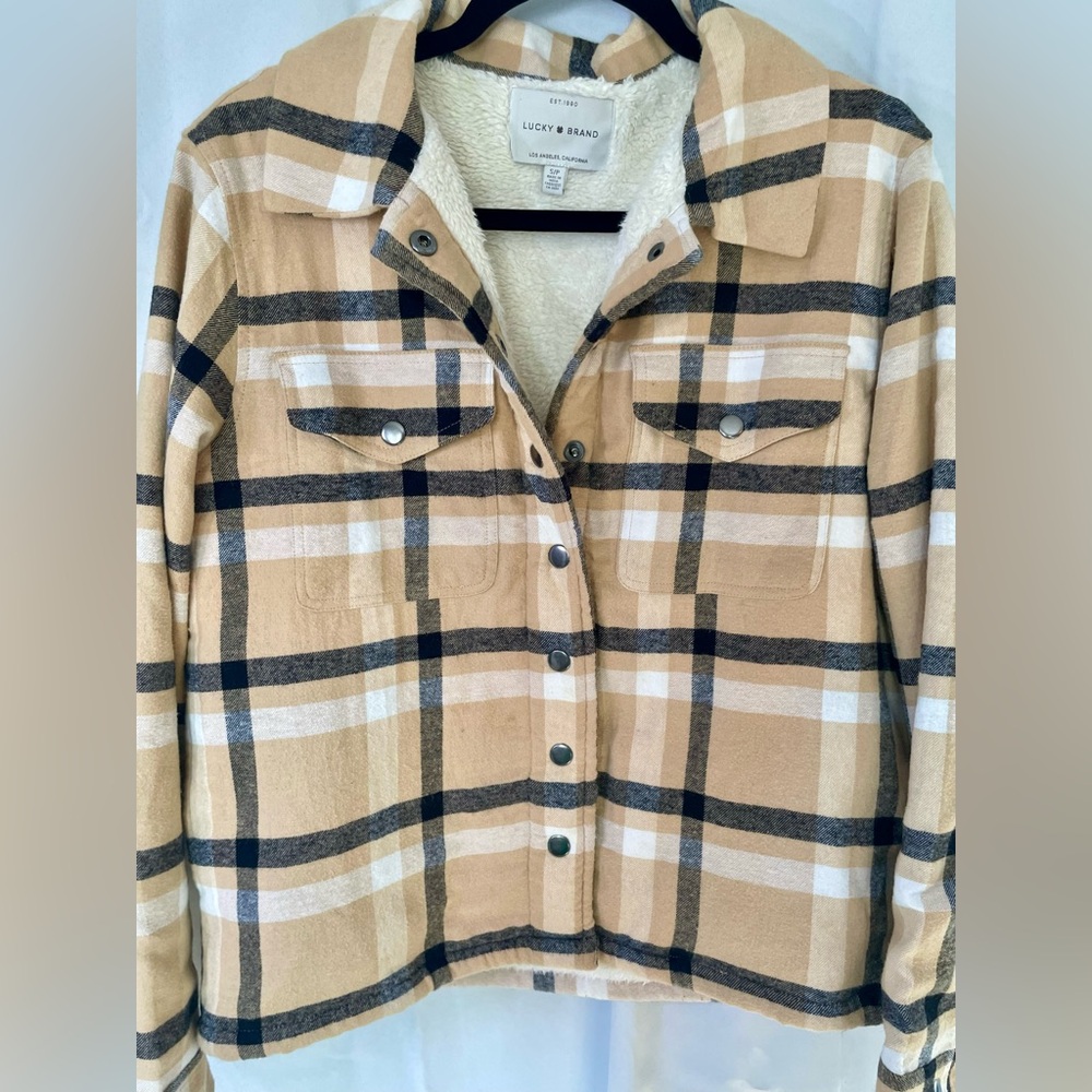 Lucky Brand Women's Tan and Black Plaid Fleece Lined Jacket
